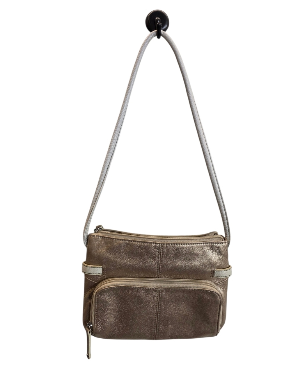 Naturalizer leather Metallic Taupe Leather Shoulder Bag with White Strap